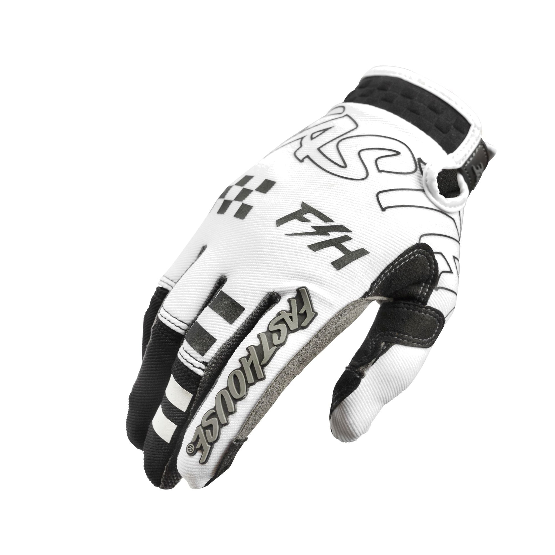 White and black youth riding gloves with large logo print and checkered detail