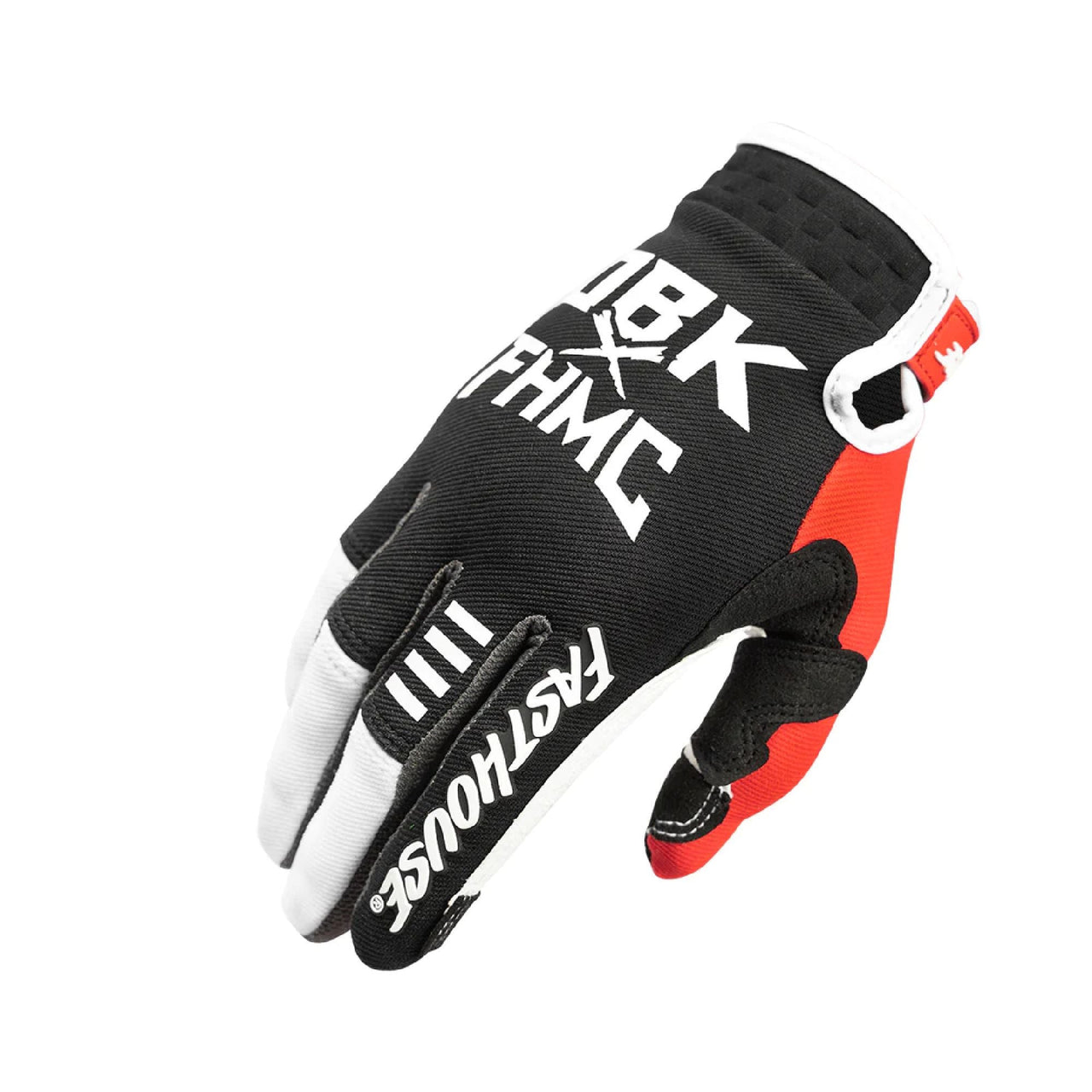 Youth cycling gloves in black with red accents and white logo print