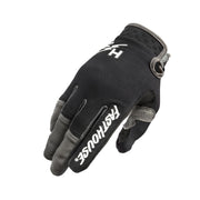 Youth motocross gloves, dark gray with white text stripe and black palm grip