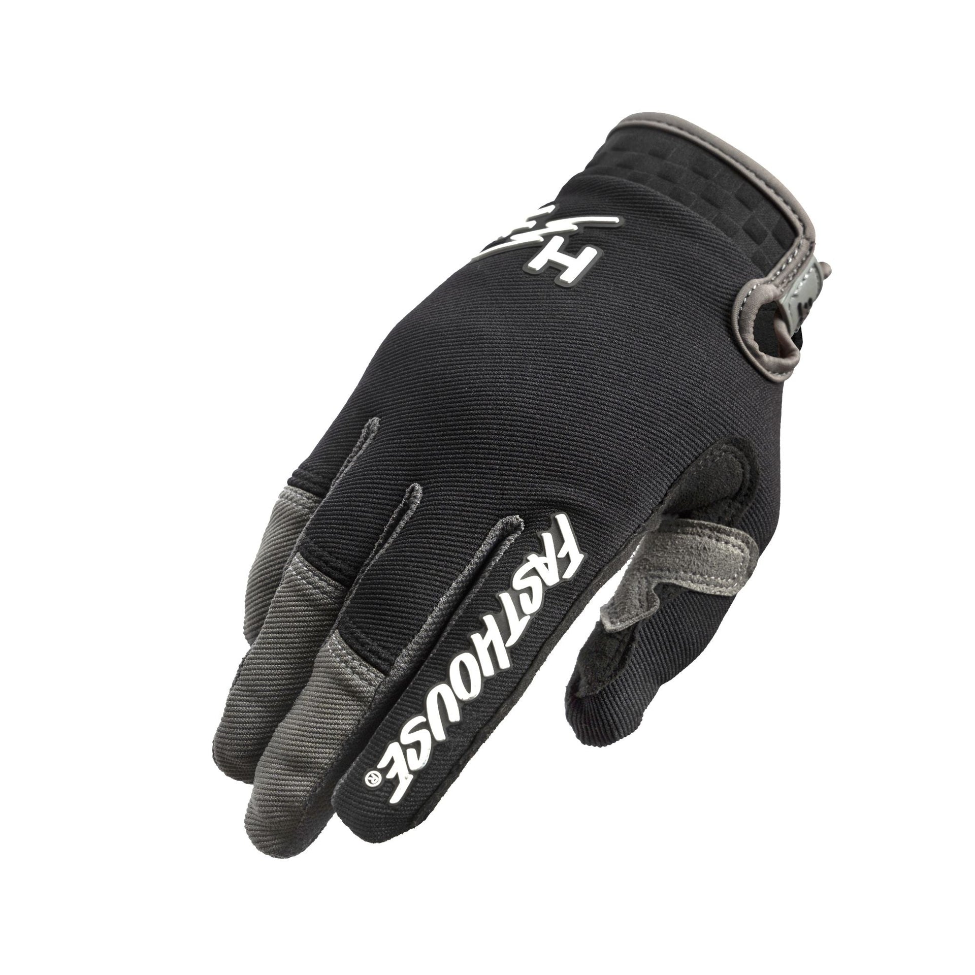 Youth motocross gloves, dark gray with white text stripe and black palm grip