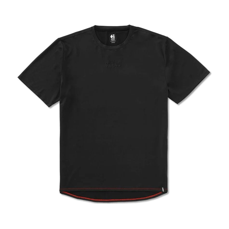 Etnies Trailblazer jersey, black short-sleeve crew top with red trim at hem