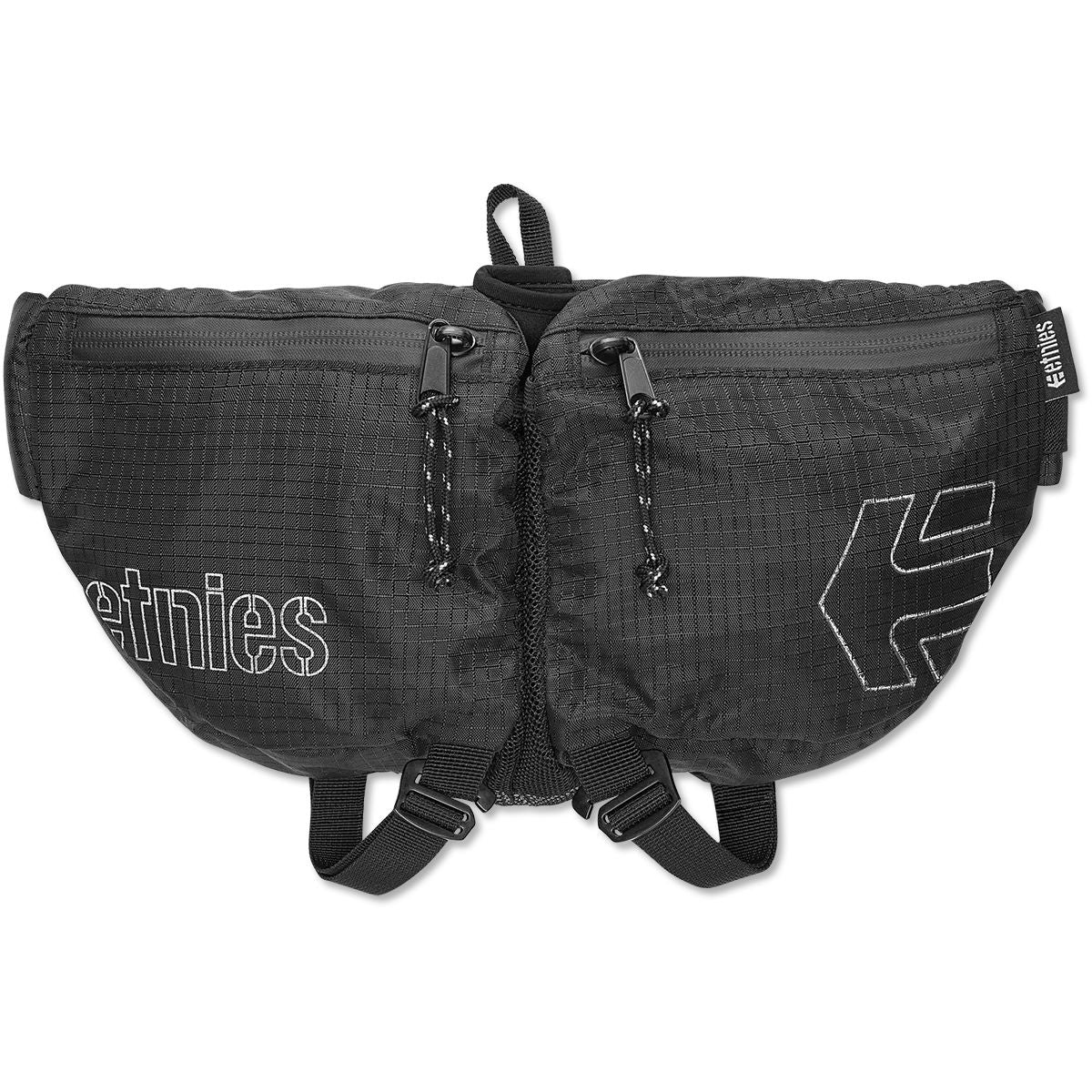 Black waist sling bag with double zip pockets, adjustable straps, and Etnies logo.