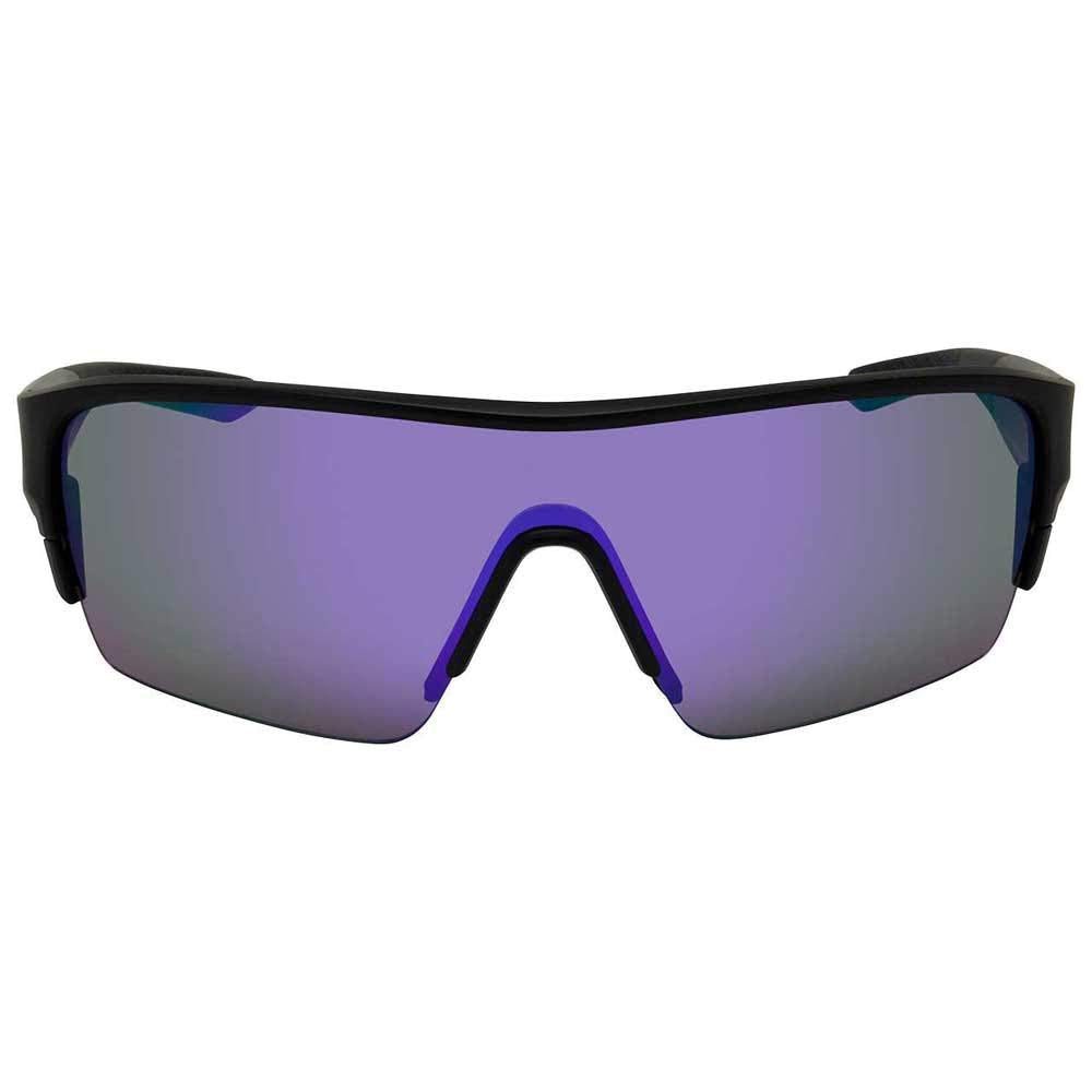 Sport sunglasses with black frame and purple mirrored lenses