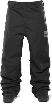 Men's black snow pants with zip fly, adjustable waistband, and cargo side pockets