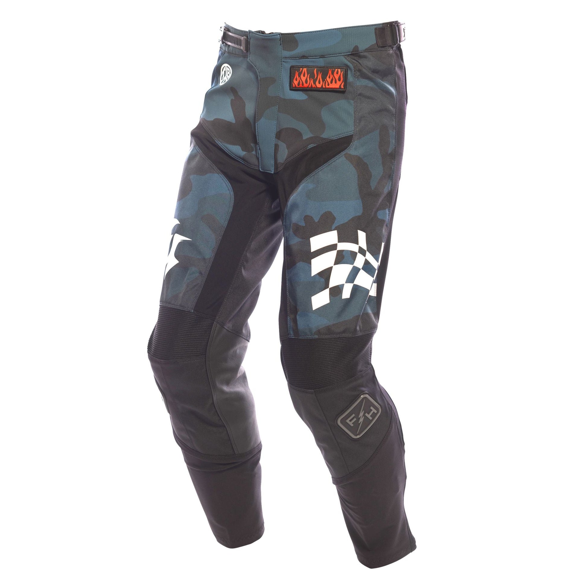 Blue camo riding pants with black panels, orange logo and checkered thigh print