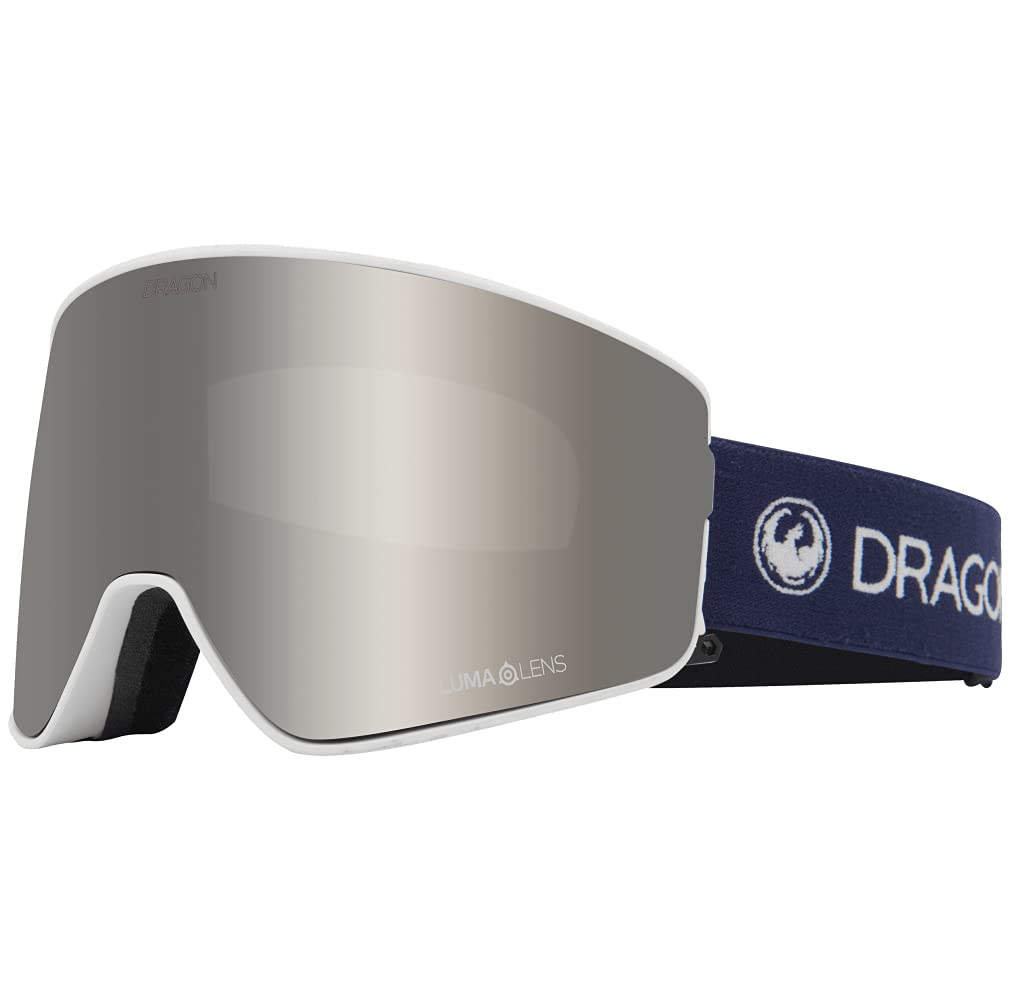Light gray snow goggles with mirrored lens, blue strap, and DRAGON logo.