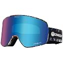 Snow goggles with blue mirrored lens and dark strap with DRAGON lettering, side view.