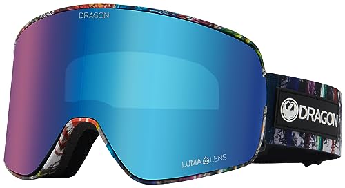 Snow goggles with black frame and blue mirrored lens, graphic DRAGON strap.