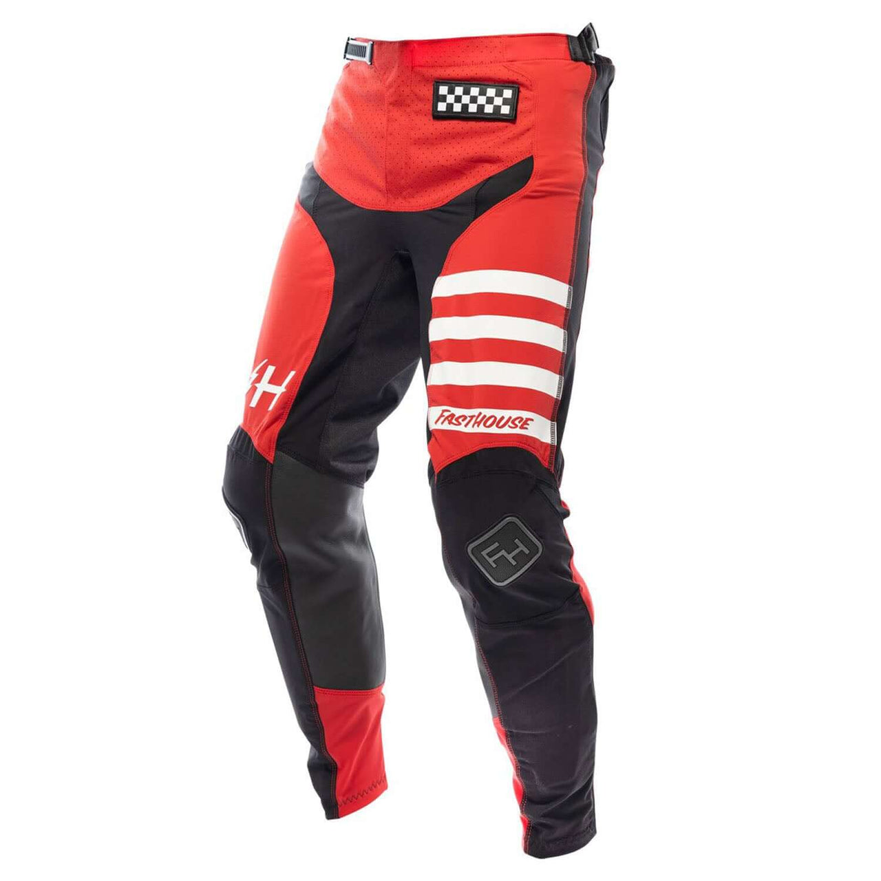 Red and black motocross riding pants with reflective stripe graphics and knee patches.