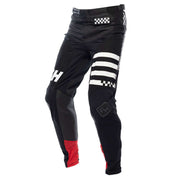 Black motorcycle riding pants with white check patch, striped panels, and red knee accents