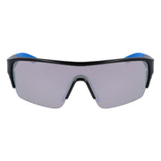 Sport sunglasses front view, black frame with blue tips and gray mirrored lenses