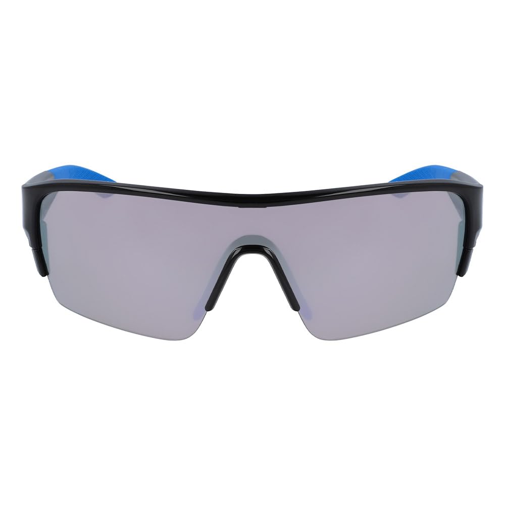 Sport sunglasses front view, black frame with blue tips and gray mirrored lenses