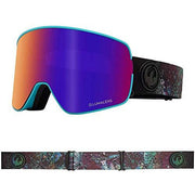 Snow goggles with purple mirrored lens and black-and-brown patterned strap