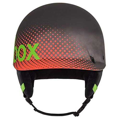 Low-profile snow helmet in black with orange dotted graphic and green accents