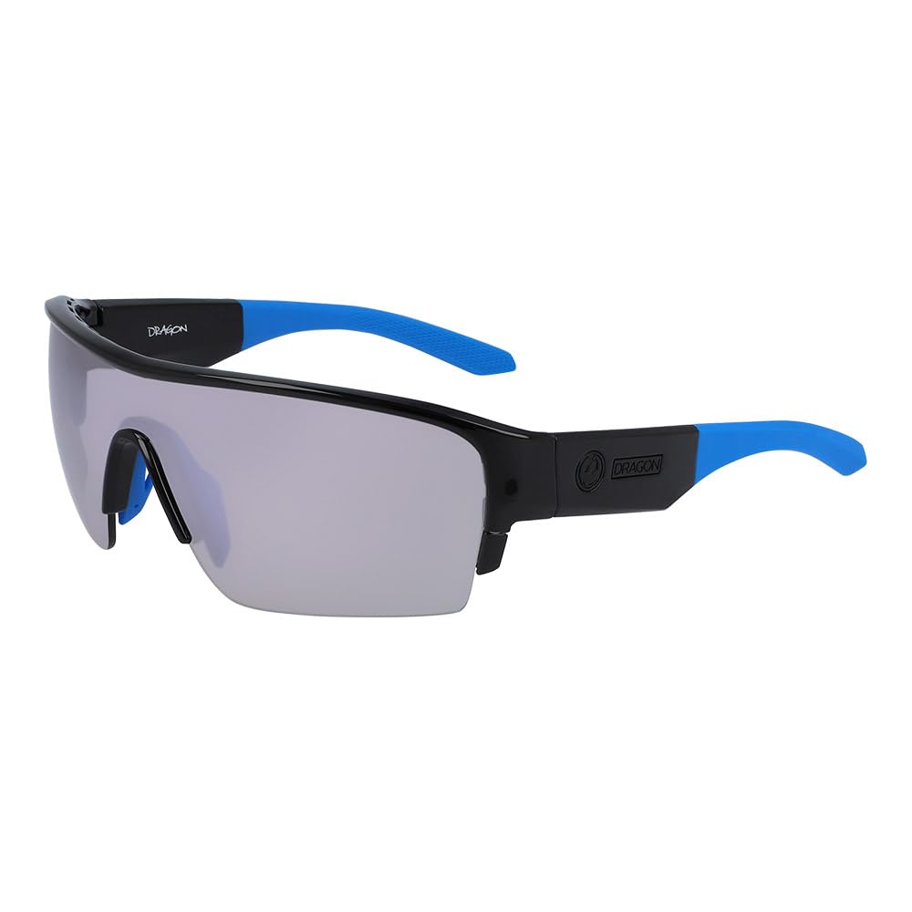 Sport sunglasses with black frame and blue temple arms, gray mirrored lenses