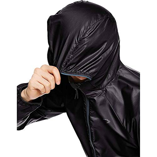 Oakley men's wind anorak jacket hood close-up, black fabric and blue-trim zipper