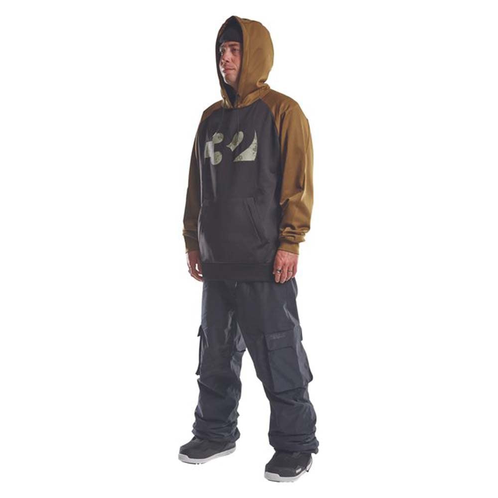Men's side view tech snow sport hoodie, tobacco hood and sleeves, dark gray with 32 logo
