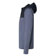 Men's two-tone zip-up hoodie side view in heather gray with dark sleeves, hood