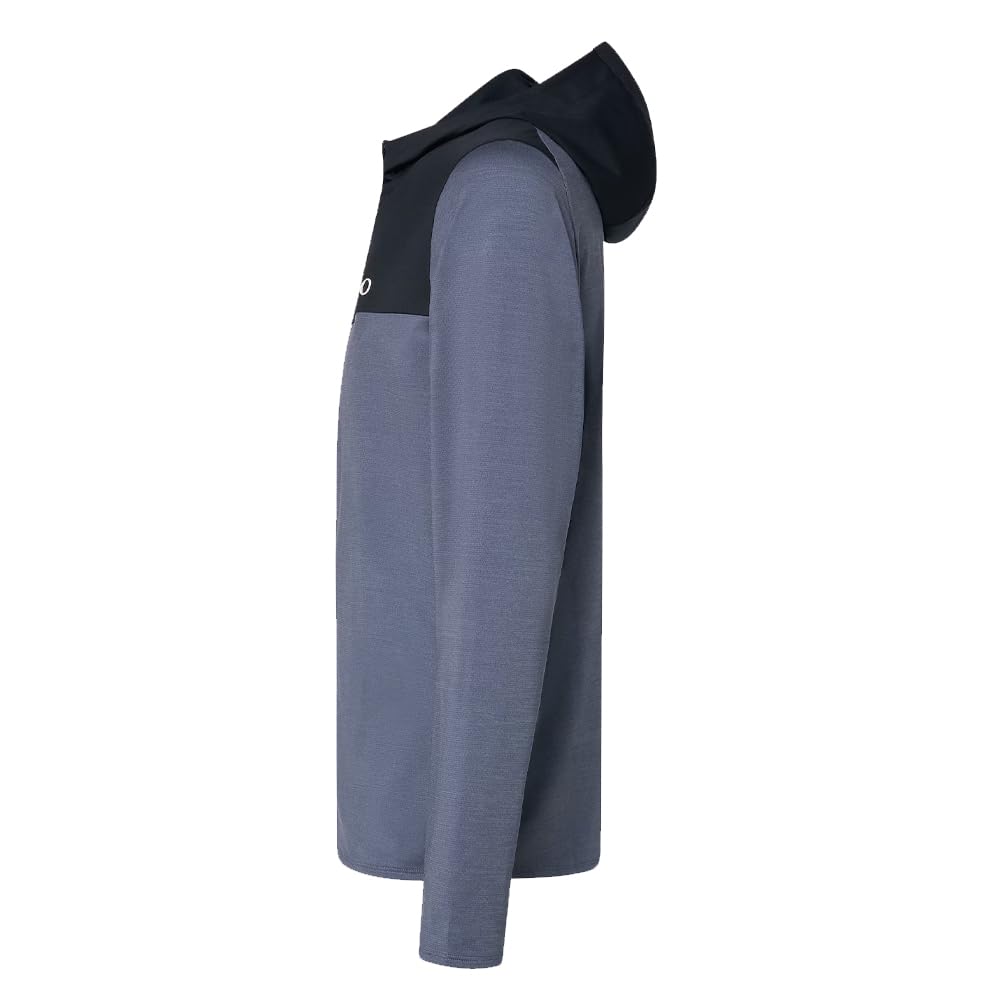 Men's two-tone zip-up hoodie side view in heather gray with dark sleeves, hood