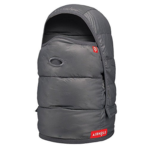 Packable down headwear hood in charcoal gray with black-lined opening and Airhole logo patch