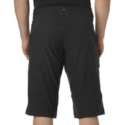 Black men's cycling shorts with snap-button waistband and side pocket, logo on leg