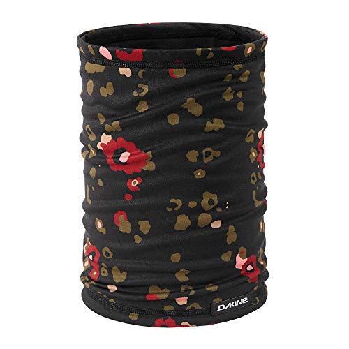 Dakine tubular neck gaiter with floral print, black base, red and gold accents