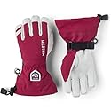 Kids waterproof ski gloves, maroon outer with white palms and hook strap cuff