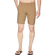 Men's dark khaki 19" shorts with belt loops and button fly, straight hem