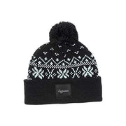 Black pom beanie with Fair Isle knit band and square front logo patch