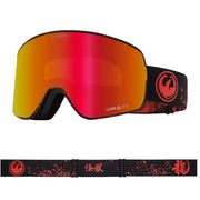 Yellow-to-red mirrored snow goggles with black frame and patterned strap.