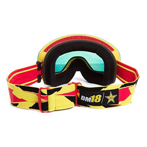 Ski goggles with turquoise-tinted lens, black frame, and yellow-red star patterned strap