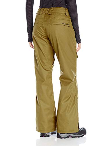 Oakley women's ski pants in olive-gold, back view with belt loops and logo patch