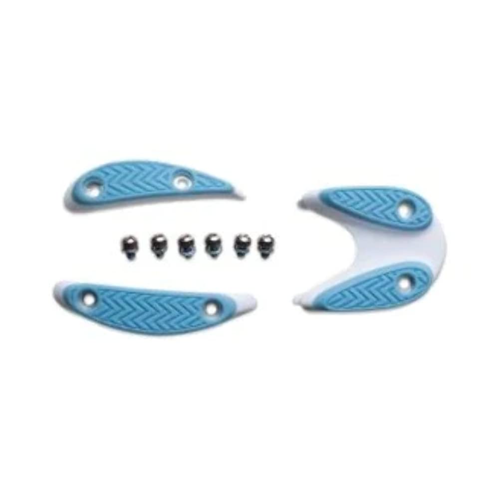 Blue BOA cable guides with textured pads and metal screws, for footwear