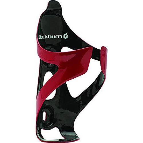 Bicycle bottle cage with glossy black body and bright red strap-style details