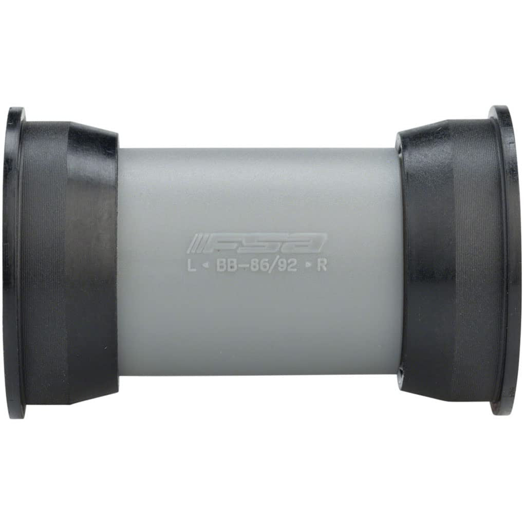 Bike bottom bracket cups, gray cylindrical center with black end rings, printed BB92 marking