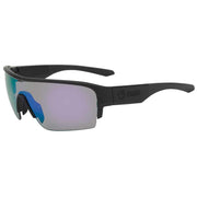 Sport sunglasses side angle, black frame with blue accents and light gray lenses