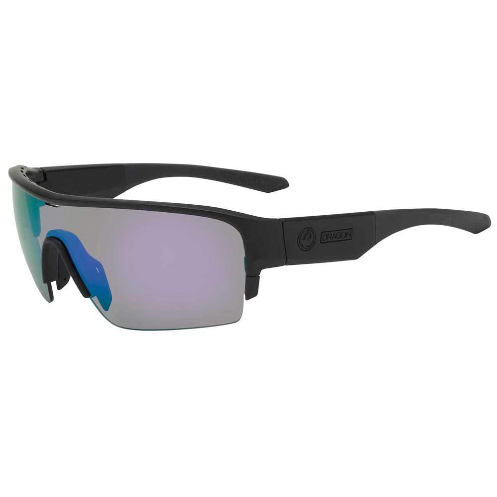 Sport sunglasses side angle, black frame with blue accents and light gray lenses
