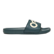 Men's slide sandals, dark green slide with white Oakley round logo on strap