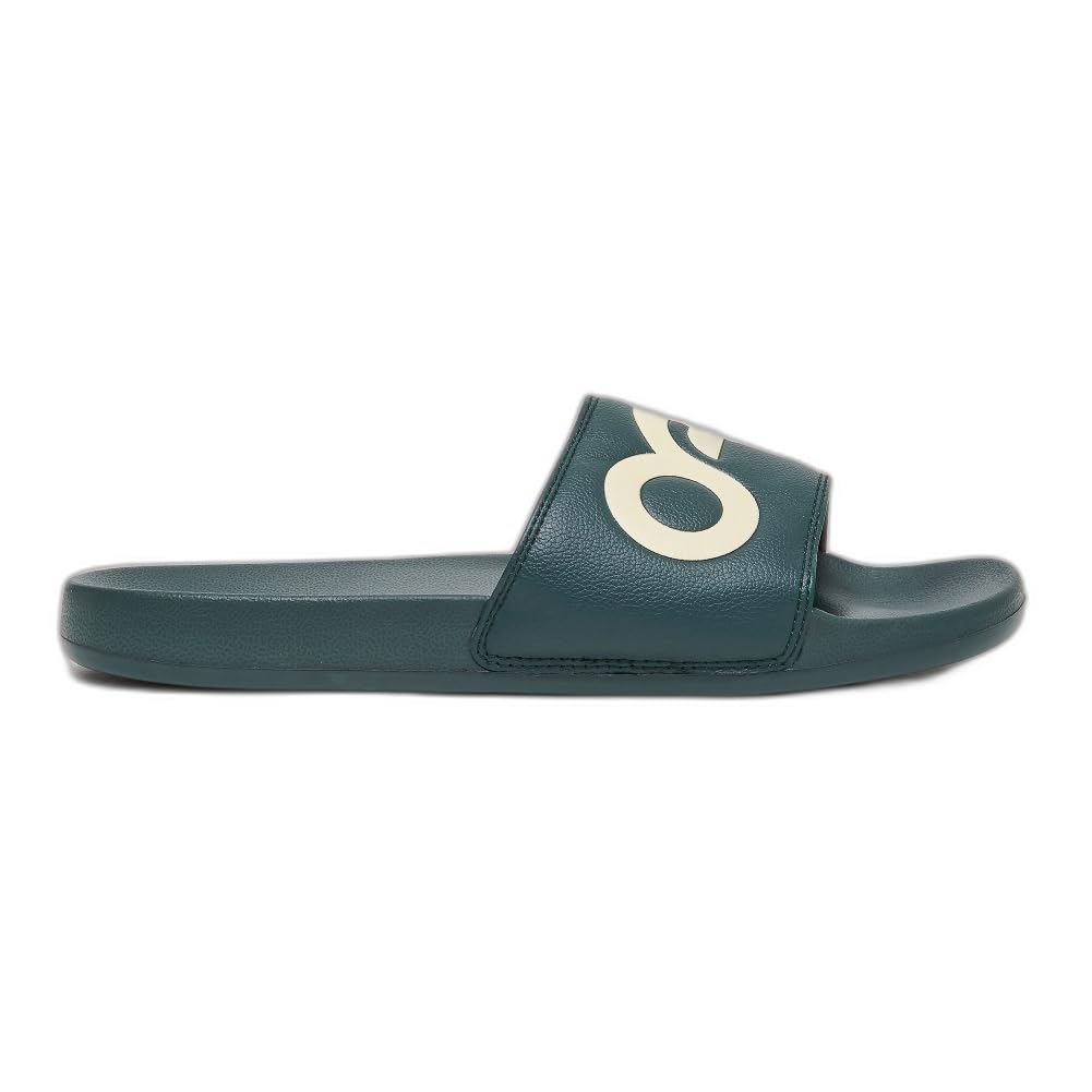 Men's slide sandals, dark green slide with white Oakley round logo on strap