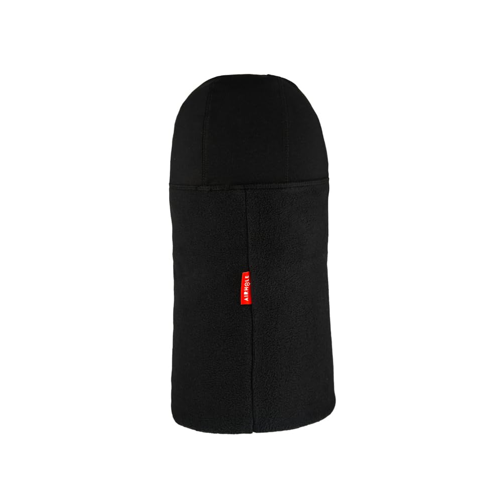 Black microfleece balaclava with front seam and red logo label
