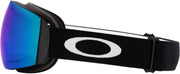 Oakley snow goggle with black strap and blue mirrored Prizm lens, side profile view.