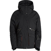 Black junior snow jacket with attached hood, front zipper, and two chest pockets