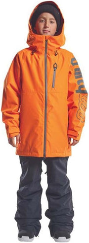 Youth insulated snow jacket in bright orange, hooded with front zipper