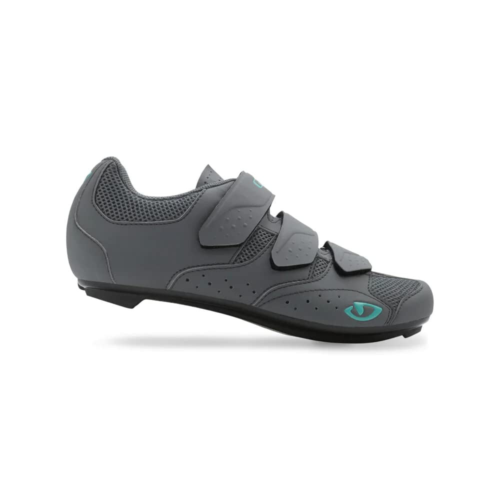 Giro cycling shoe in dark gray with three hook-and-loop straps and blue logo