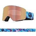 Dragon R1 OTG sport snow goggles close-up, pink mirrored lens and blue graphic strap