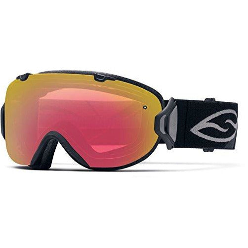 Snowmobile goggles with black frame, red photochromic mirror lens, black strap with logo