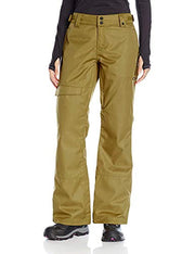 Oakley women's ski pants in olive-gold, front view with belt loops and side cargo pocket