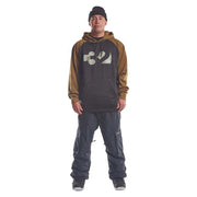 Men's tech snow sport hoodie in tobacco and dark gray with large 32 front print and hood