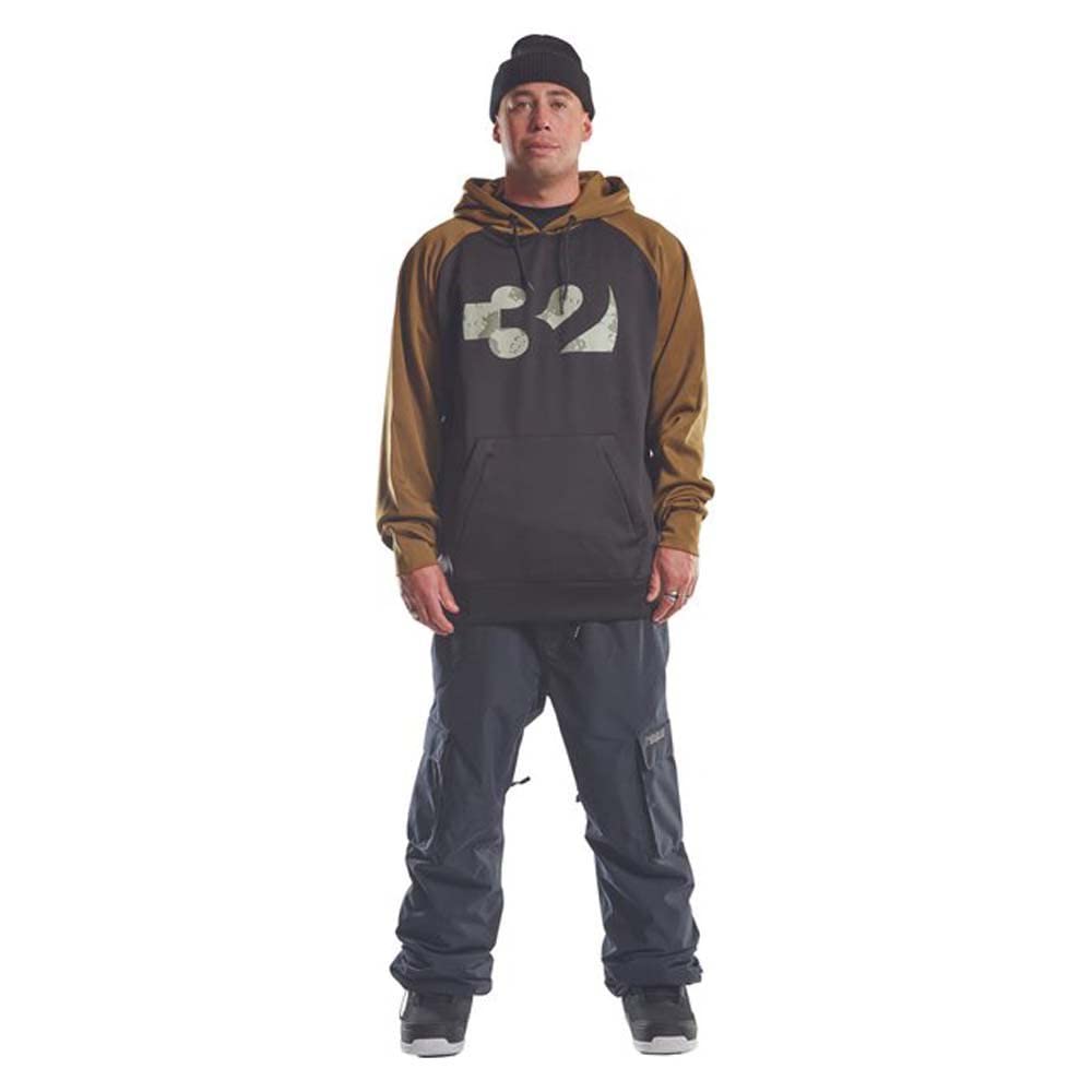 Men's tech snow sport hoodie in tobacco and dark gray with large 32 front print and hood
