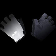 Short finger cycling gloves, white and dark blue-gray pair with logo on wrist area